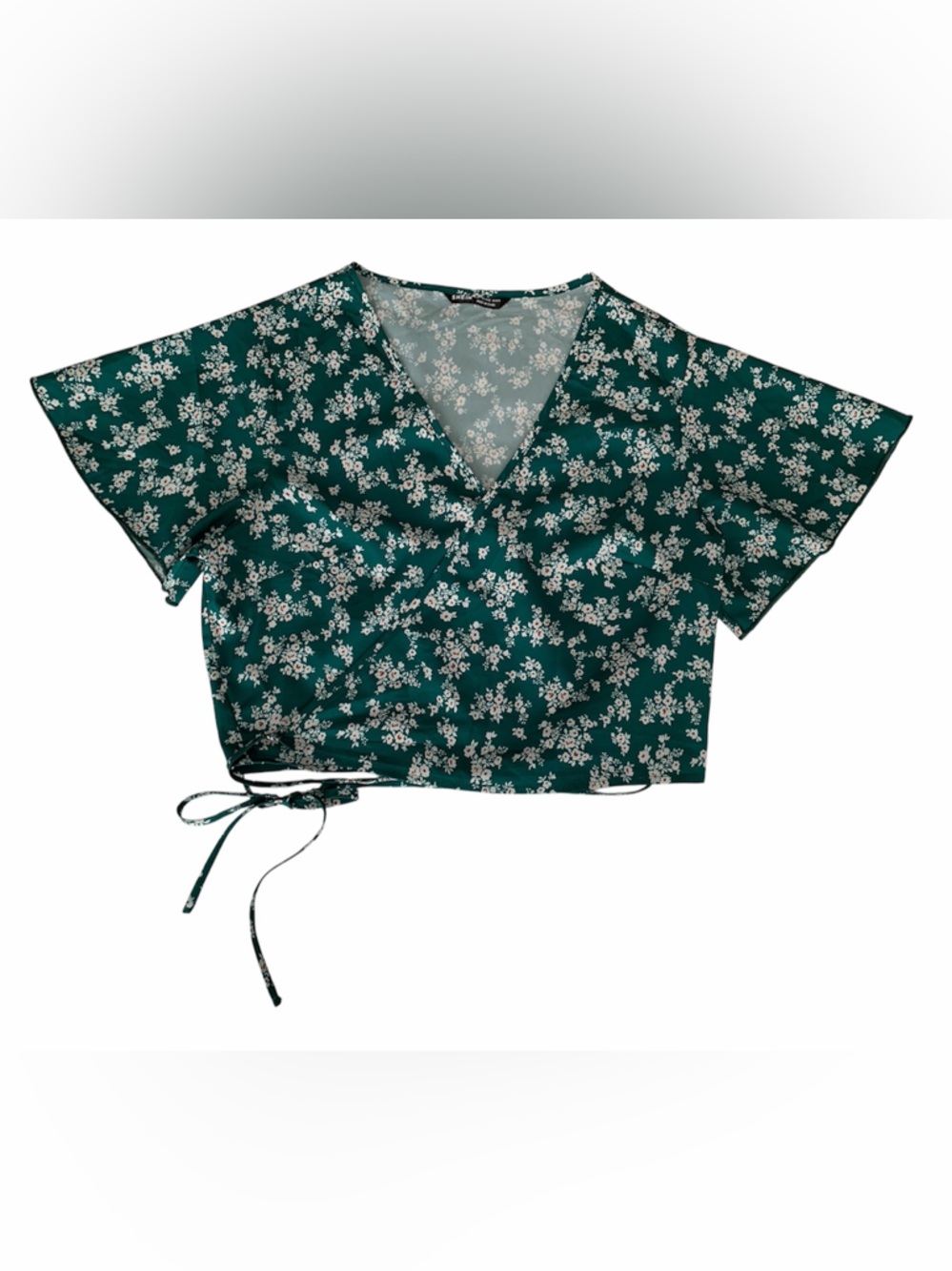 SHEIN Green White Floral Wrap Crop Top Womens L 8/10 Tie Front V-Neck